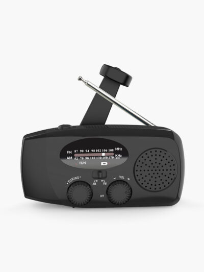 Nødradio med lommelygte samt håndsving og solcelle opladning