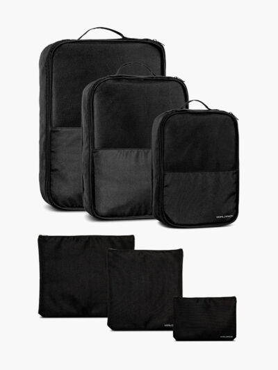 Workdpack pakkeposesæt med 3 packing cubes og 3 flade pakkeposer i sort